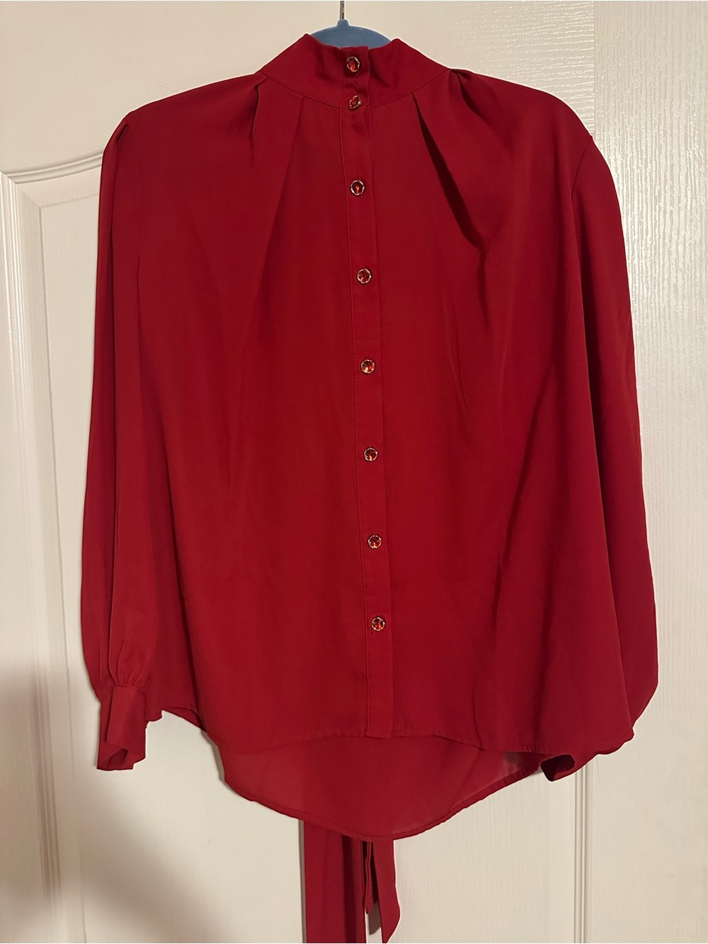 New York & Company Red Tie Neck Blouse Jeweled Back Buttons Puff Sleeve L